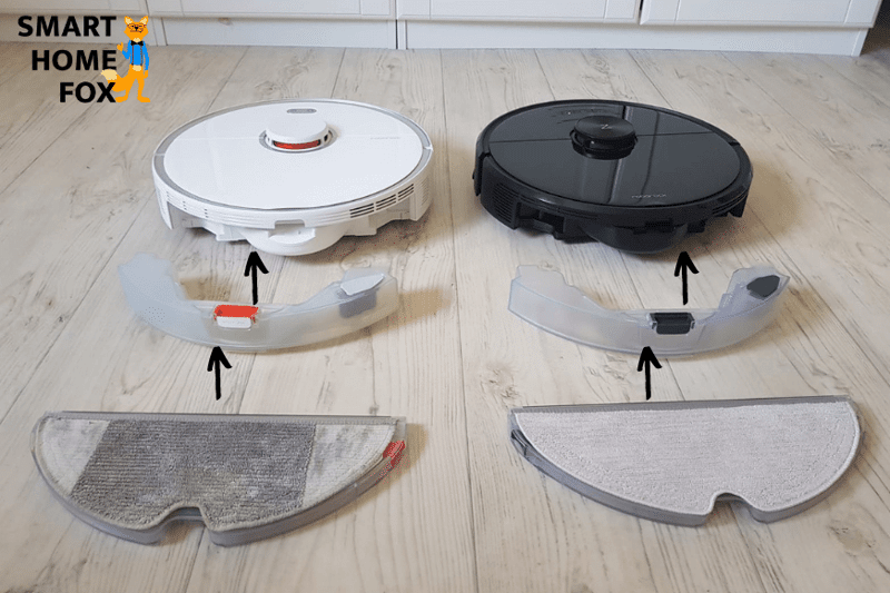 Резервуар для воды и салфетка для протирания находятся позади робота-пылесоса с функцией влажной уборки (Roborock S5 Max и S6 MaxV)